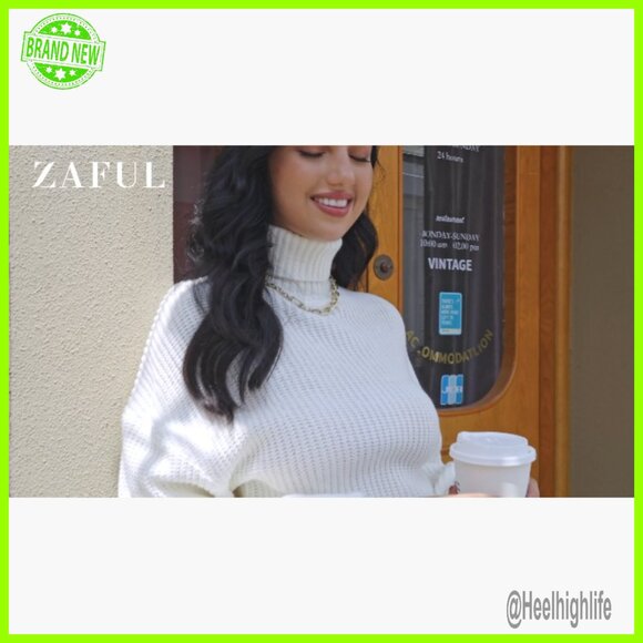 Cropped Turtleneck Sweater Lantern Sleeve Ribbed Knit Pullover - Picture 6 of 6